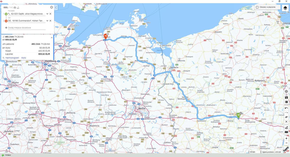 wyznaczanie trasy na mapie dla ciężarówek TIR