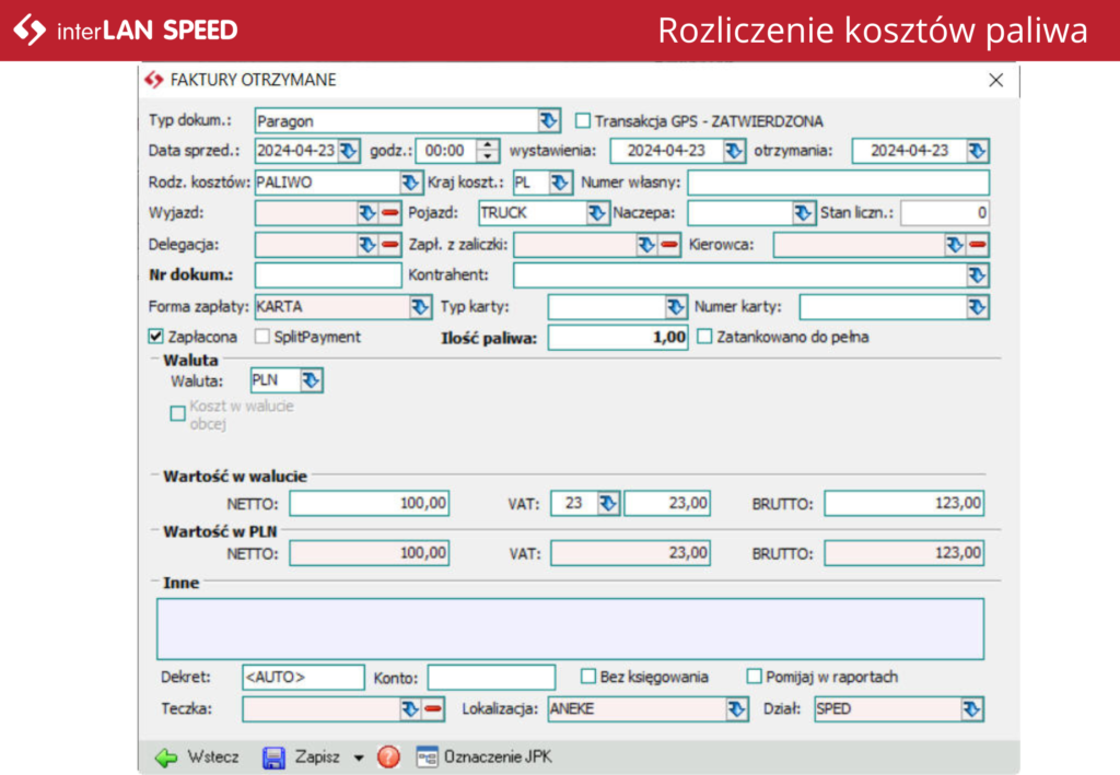 Koszty paliwa TMS SPEED